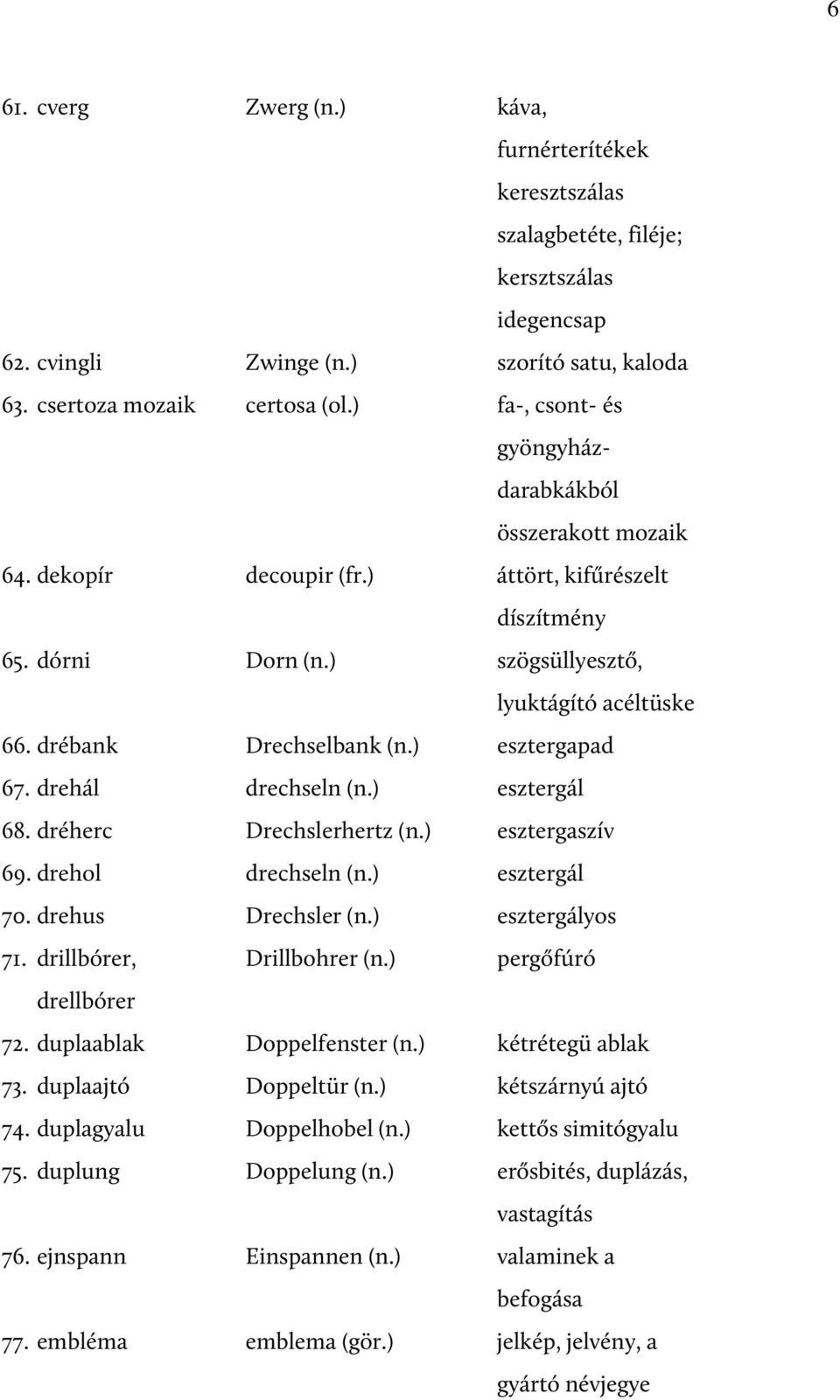 ) esztergapad 67. drehál drechseln (n.) esztergál 68. dréherc Drechslerhertz (n.) esztergaszív 69. drehol drechseln (n.) esztergál 70. drehus Drechsler (n.) esztergályos 71.