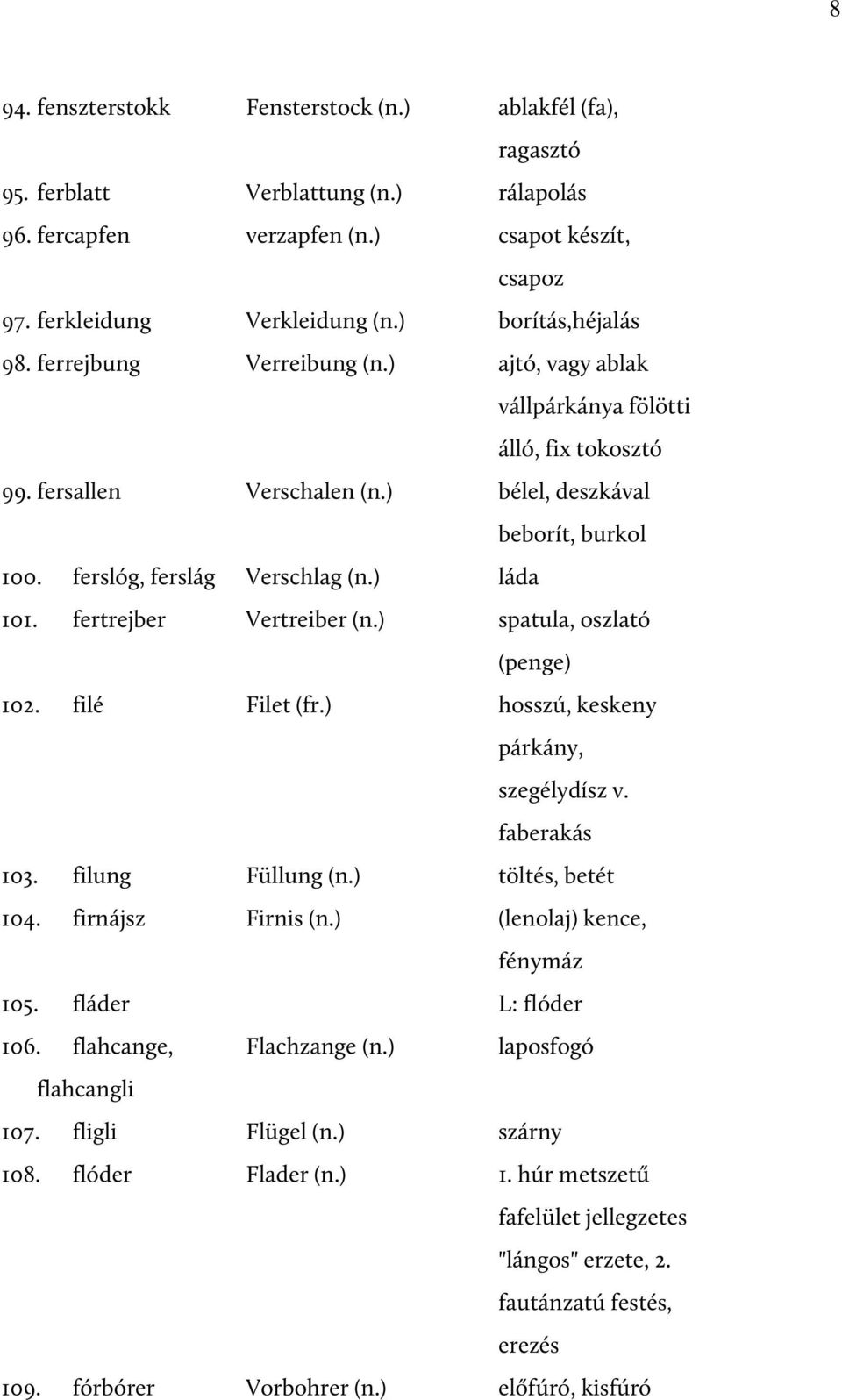 ferslóg, ferslág Verschlag (n.) láda 101. fertrejber Vertreiber (n.) spatula, oszlató (penge) 102. filé Filet (fr.) hosszú, keskeny párkány, szegélydísz v. faberakás 103. filung Füllung (n.