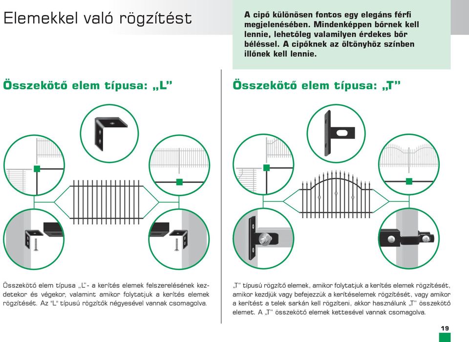 Összekötő elem típusa: L Összekötő elem típusa: T Összekötő elem típusa L - a kerítés elemek felszerelésének kezdetekor és végekor, valamint amikor folytatjuk a kerítés elemek