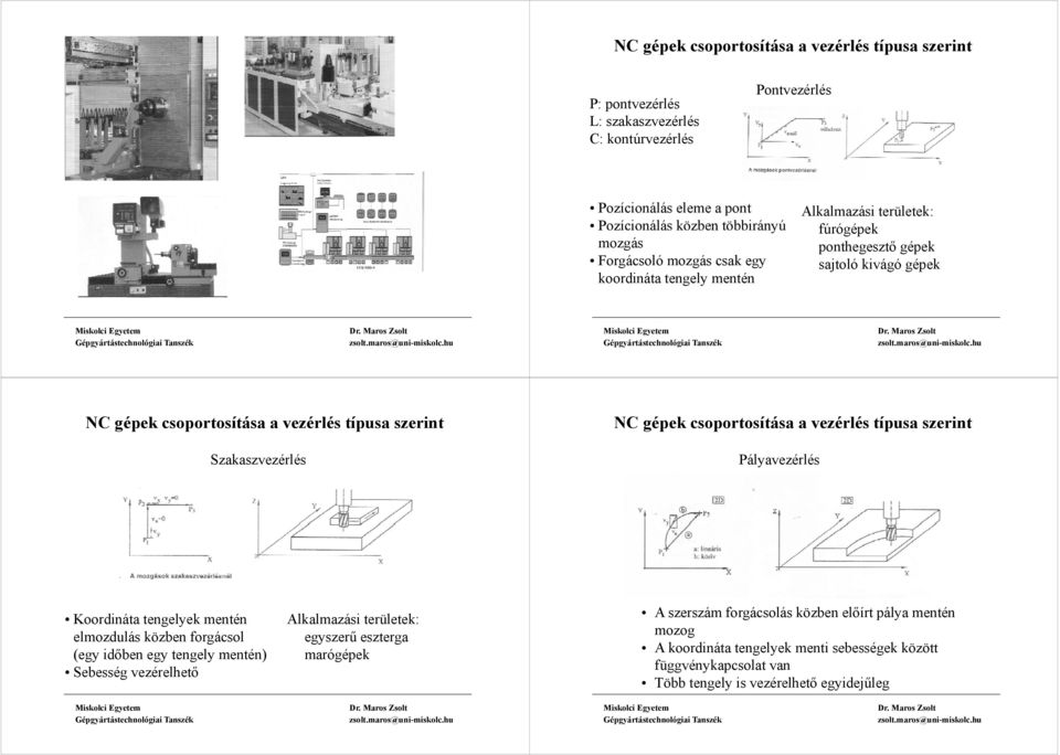 csoportosítása a vezérlés típusa szerint Pályavezérlés Koordináta tengelyek mentén elmozdulás közben forgácsol (egy időben egy tengely mentén) Sebesség vezérelhető Alkalmazási területek: