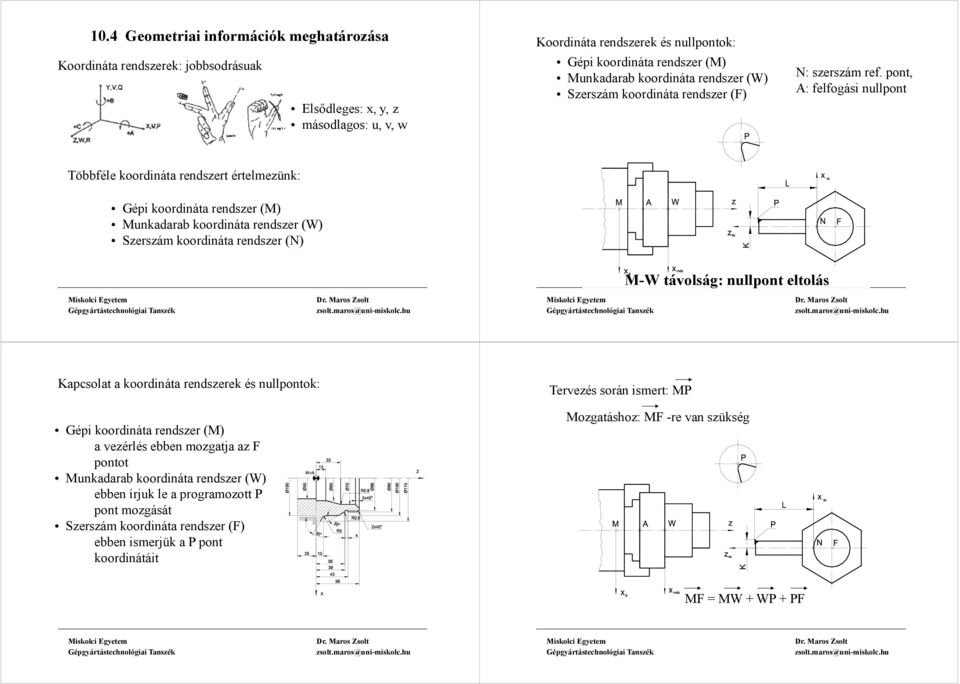 pont, A: felfogási nullpont Többféle koordináta rendszert értelmezünk: Gépi koordináta rendszer (M) Munkadarab koordináta rendszer (W) Szerszám koordináta rendszer (N) M-W távolság: nullpont eltolás