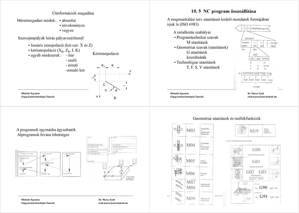 Körinterpoláció egyéb módszerek : - húr - szelő - érintő -simuló kör A szóalkotás szabályai: Programtechnikai szavak M utasítások t ítá k Geometriai szavak (utasítások)