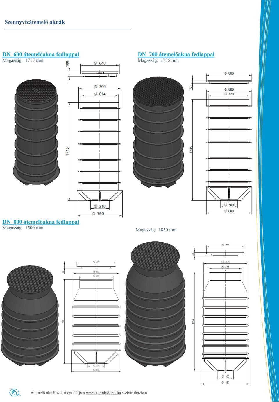 1735 mm DN 800 átemelőakna fedlappal Magasság: 1500 mm