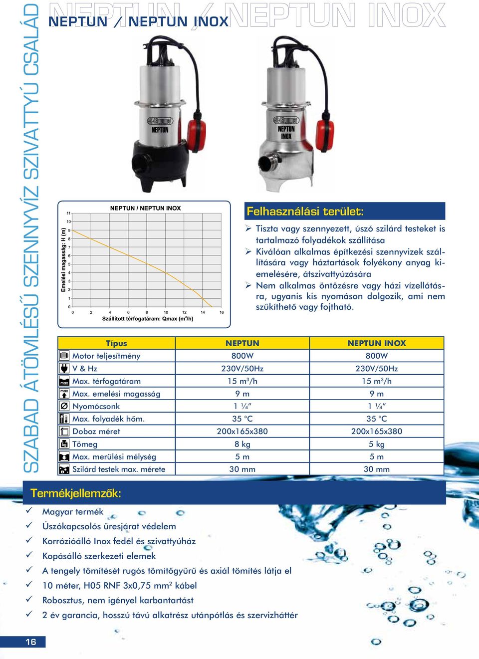 szûkíthetõ vagy fojtható. Típus NEPTUN NEPTUN INOX Motor teljesítmény 800W 800W V & Hz 230V/50Hz 230V/50Hz Max. térfogatáram 15 m 3 /h 15 m 3 /h Max. emelési magasság 9 m 9 m Nyomócsonk 1 ¼ 1 ¼ Max.