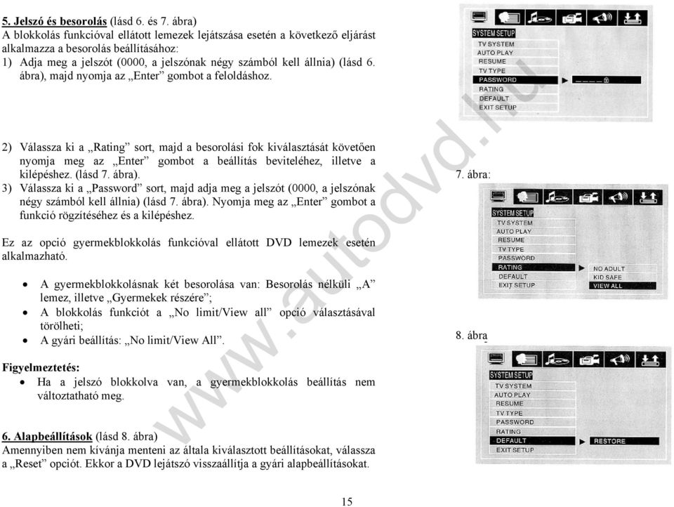 ábra), majd nyomja az Enter gombot a feloldáshoz. 2) Válassza ki a Rating sort, majd a besorolási fok kiválasztását követően nyomja meg az Enter gombot a beállítás beviteléhez, illetve a kilépéshez.