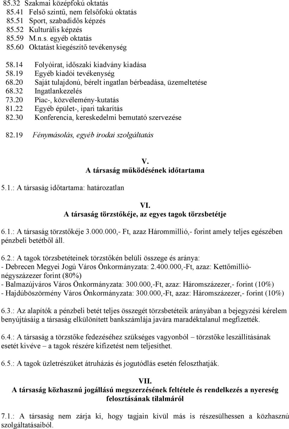 22 Egyéb épület-, ipari takarítás 82.30 Konferencia, kereskedelmi bemutató szervezése 82.19 Fénymásolás, egyéb irodai szolgáltatás 5.1.: A társaság időtartama: határozatlan V.