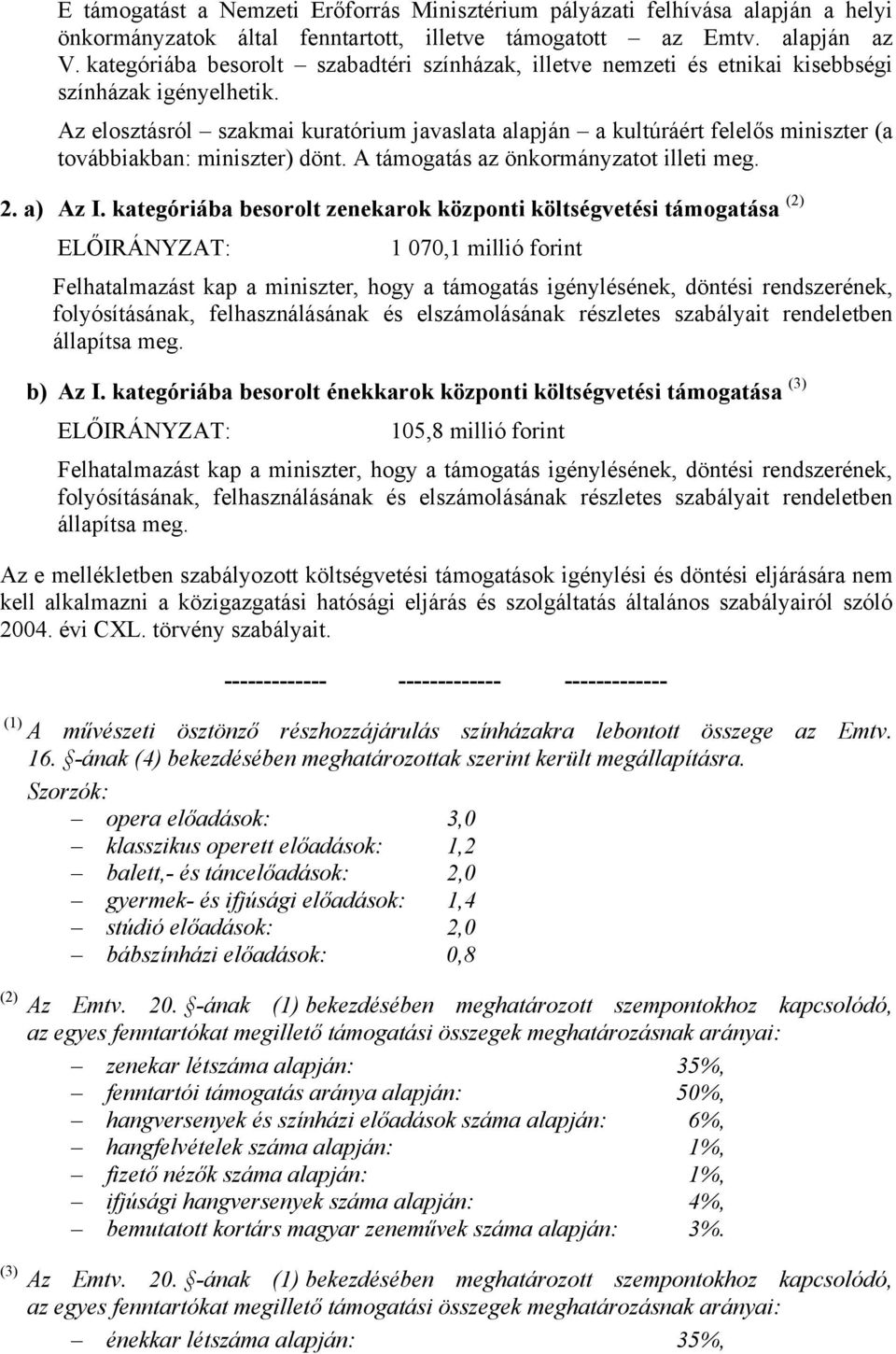 Az elosztásról szakmai kuratórium javaslata alapján a kultúráért felelős miniszter (a továbbiakban: miniszter) dönt. A támogatás az önkormányzatot illeti meg. 2. a) Az I.