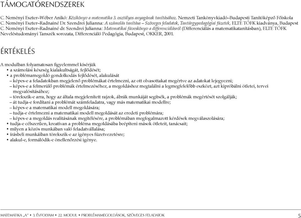 Szendrei Julianna: Matematikai füveskönyv a differenciálásról (Differenciálás a matematikatanításban), ELTE TÓFK Neveléstudományi Tanszék sorozata, Differenciáló Pedagógia, Budapest, OKKER, 2001.