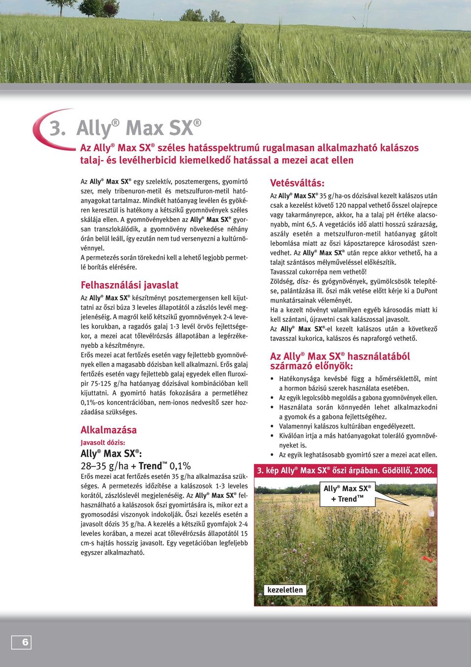 A gyomnövényekben az Ally Max SX gyorsan transzlokálódik, a gyomnövény növekedése néhány órán belül leáll, így ezután nem tud versenyezni a kultúrnövénnyel.