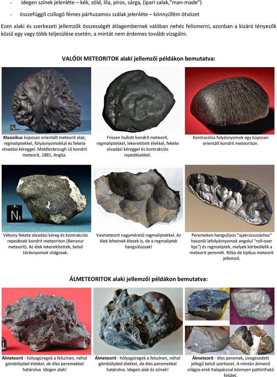 VALÓDI METEORITOK alaki jellemzői példákon bemutatva: Klasszikus kúposan orientált meteorit alak, regmaliptekkel, folyásnyomokkal és fekete olvadási kéreggel.