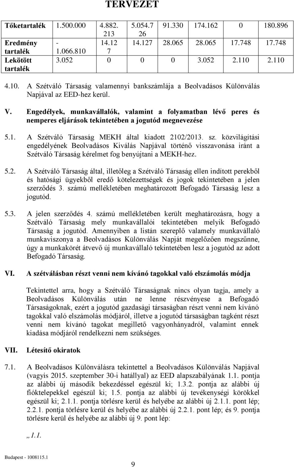 Engedélyek, munkavállalók, valamint a folyamatban lévő peres és nemperes eljárások tekintetében a jogutód megnevezése 5.1. A Szétváló Társaság MEKH által kiadott 2102/2013. sz.