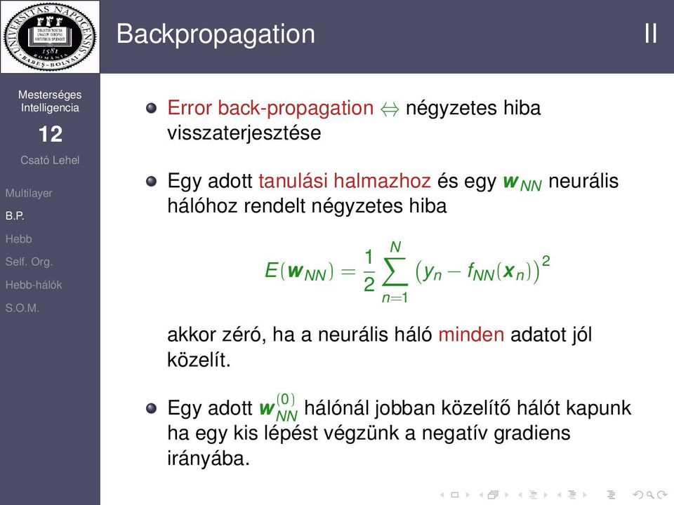 f NN (x n ) ) 2 n=1 akkor zéró, ha a neurális háló minden adatot jól közelít.