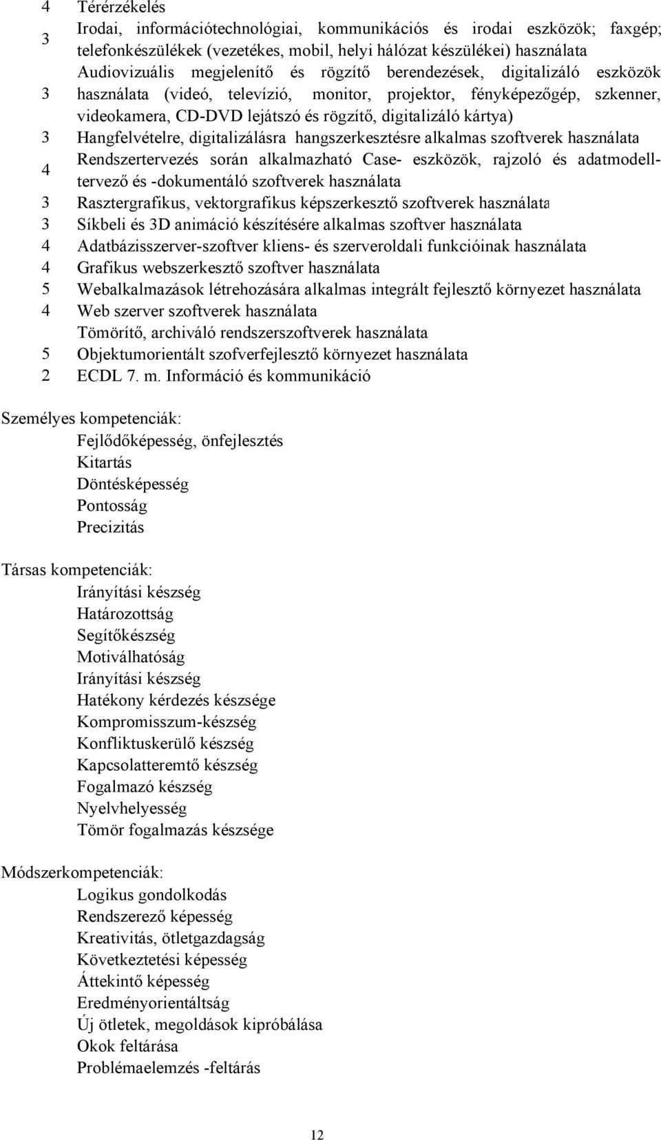 digitalizálásra hangszerkesztésre alkalmas szoftverek használata 4 Rendszertervezés során alkalmazható Case eszközök, rajzoló és adatmodelltervező és dokumentáló szoftverek használata 3