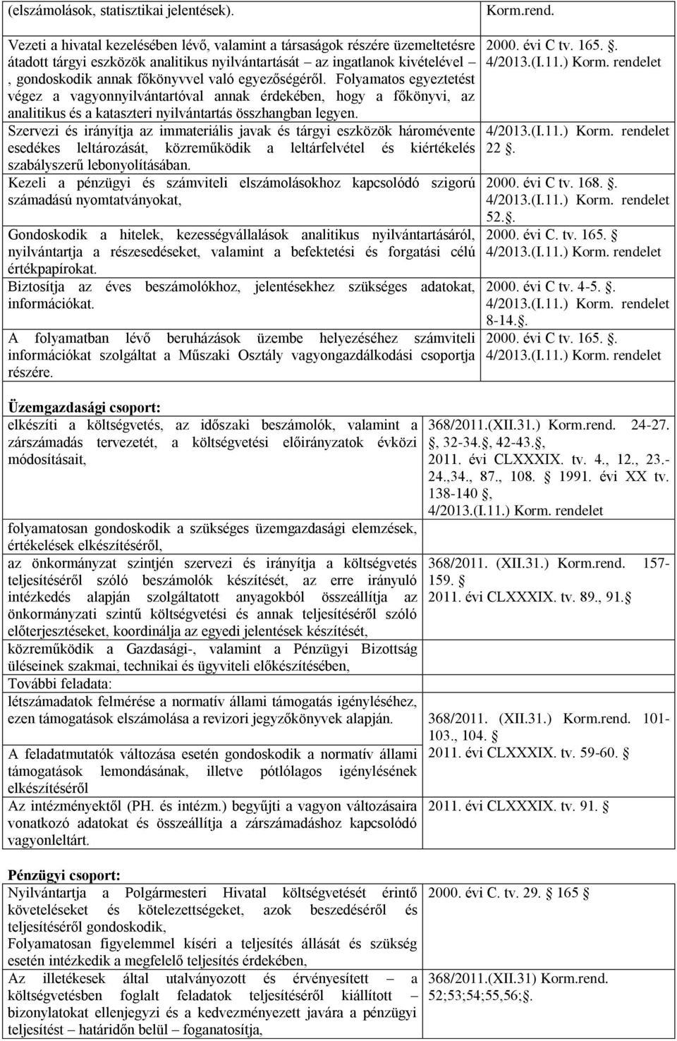 egyezőségéről. Folyamatos egyeztetést végez a vagyonnyilvántartóval annak érdekében, hogy a főkönyvi, az analitikus és a kataszteri nyilvántartás összhangban legyen.