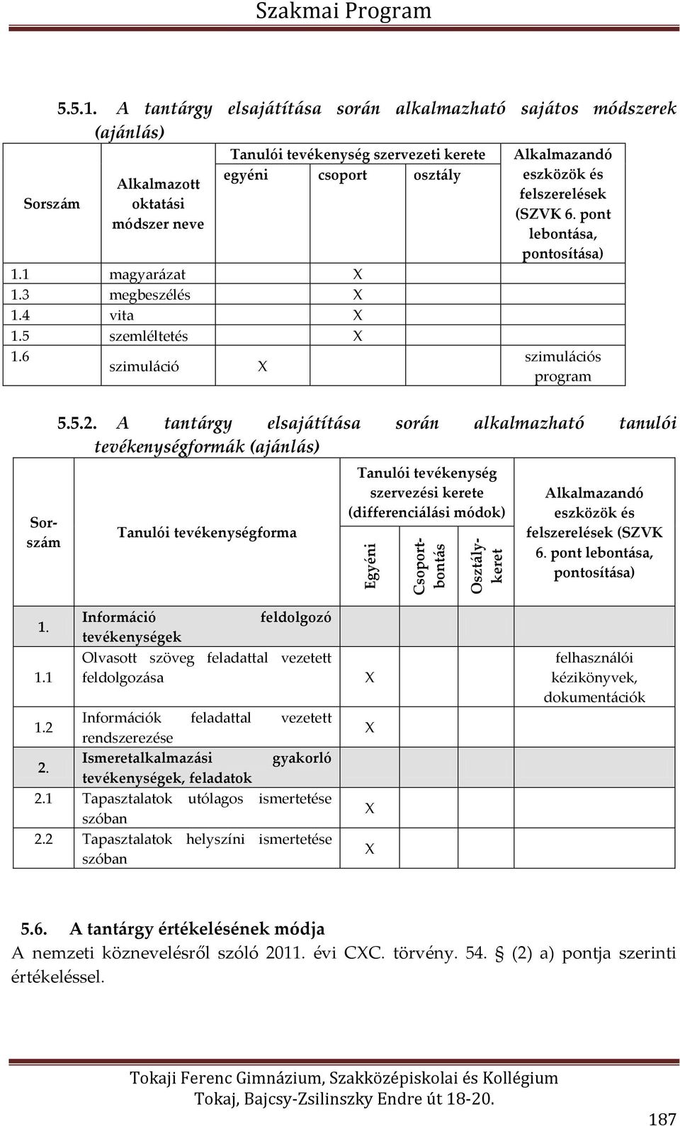 4 vita 1.5 szemléltetés 1.6 szimuláció Sorszám Alkalmazandó eszközök és felszerelések (SZVK 6. pont lebontása, pontosítása) szimulációs program 5.5.2.