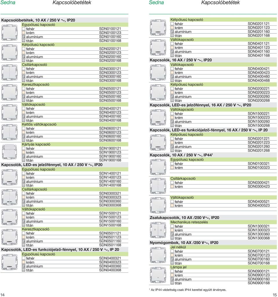 váltókapcsoló SDN0600121 SDN0600123 SDN0600160 SDN0600168 Kártyás kapcsoló SDN1900121 SDN1900123 SDN1900160 SDN1900168 Kapcsolók, LED-es jelzőfénnyel, 10 AX / 250 V a, IP20 Egypólusú kapcsoló