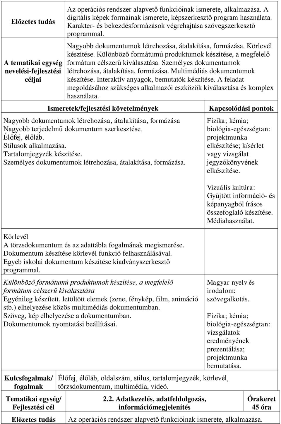 Különböző formátumú produktumok készítése, a megfelelő formátum célszerű kiválasztása. Személyes dokumentumok létrehozása, átalakítása, formázása. Multimédiás dokumentumok készítése.