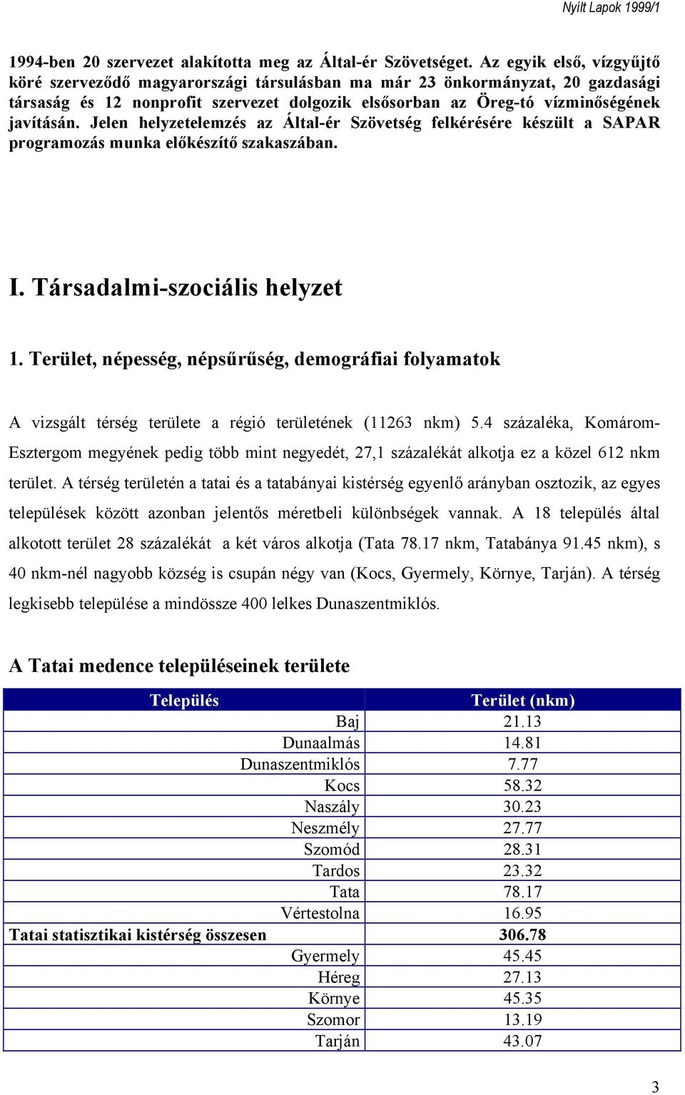 Jelen helyzetelemzés az Által-ér Szövetség felkérésére készült a SAPAR programozás munka előkészítő szakaszában. I. Társadalmi-szociális helyzet 1.