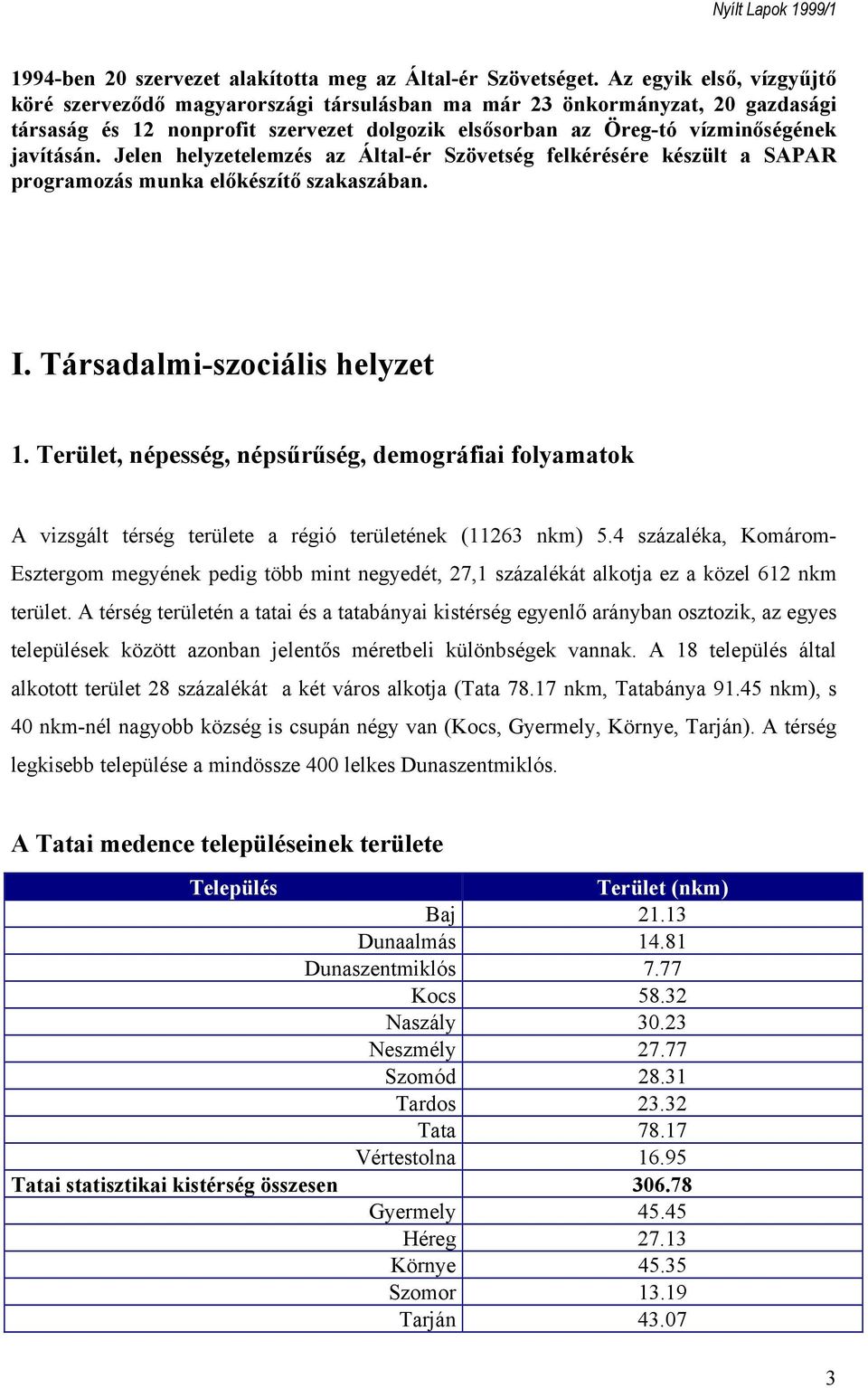 Jelen helyzetelemzés az Által-ér Szövetség felkérésére készült a SAPAR programozás munka előkészítő szakaszában. I. Társadalmi-szociális helyzet 1.