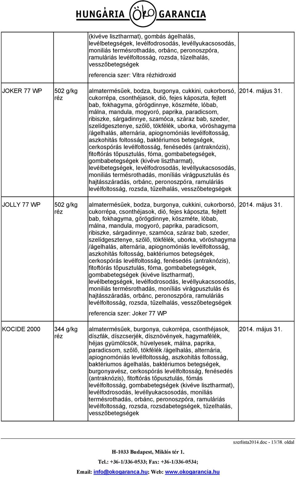 káposzta, fejtett bab, fokhagyma, görögdinnye, köszméte, lóbab, málna, mandula, mogyoró, paprika, paradicsom, ribiszke, sárgadinnye, szamóca, száraz bab, szeder, szelídgesztenye, szőlő, tökfélék,