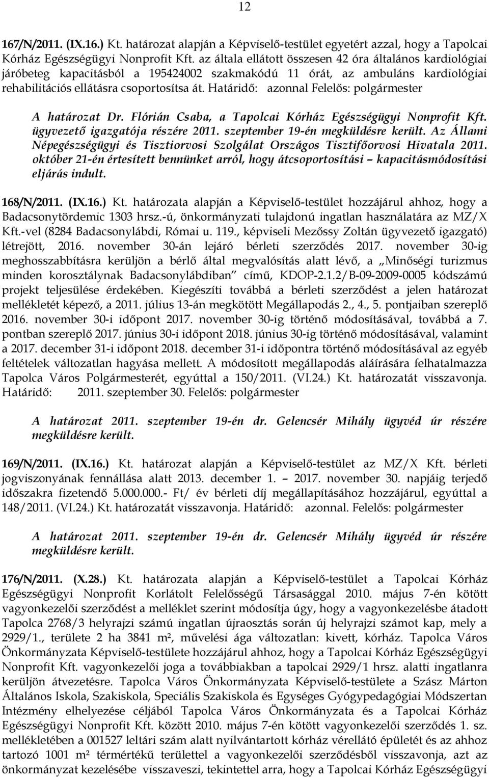 Határidő: azonnal Felelős: polgármester A határozat Dr. Flórián Csaba, a Tapolcai Kórház Egészségügyi Nonprofit Kft. ügyvezető igazgatója részére 2011. szeptember 19-én megküldésre került.