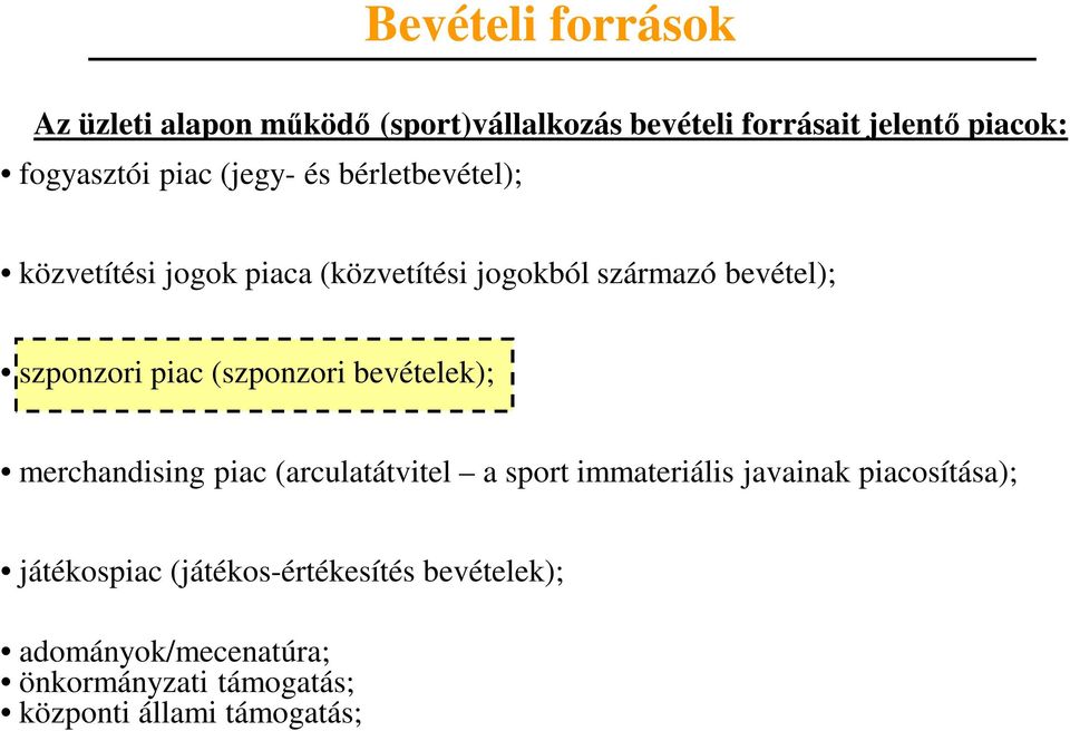 piac (szponzori bevételek); merchandising piac (arculatátvitel a sport immateriális javainak piacosítása);