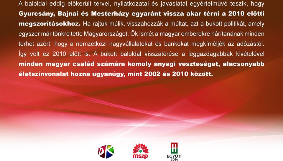 Ők ismét a magyar emberekre hárítanának minden terhet azért, hogy a nemzetközi nagyvállalatokat és bankokat megkíméljék az adózástól. Így volt ez 2010 előtt is.