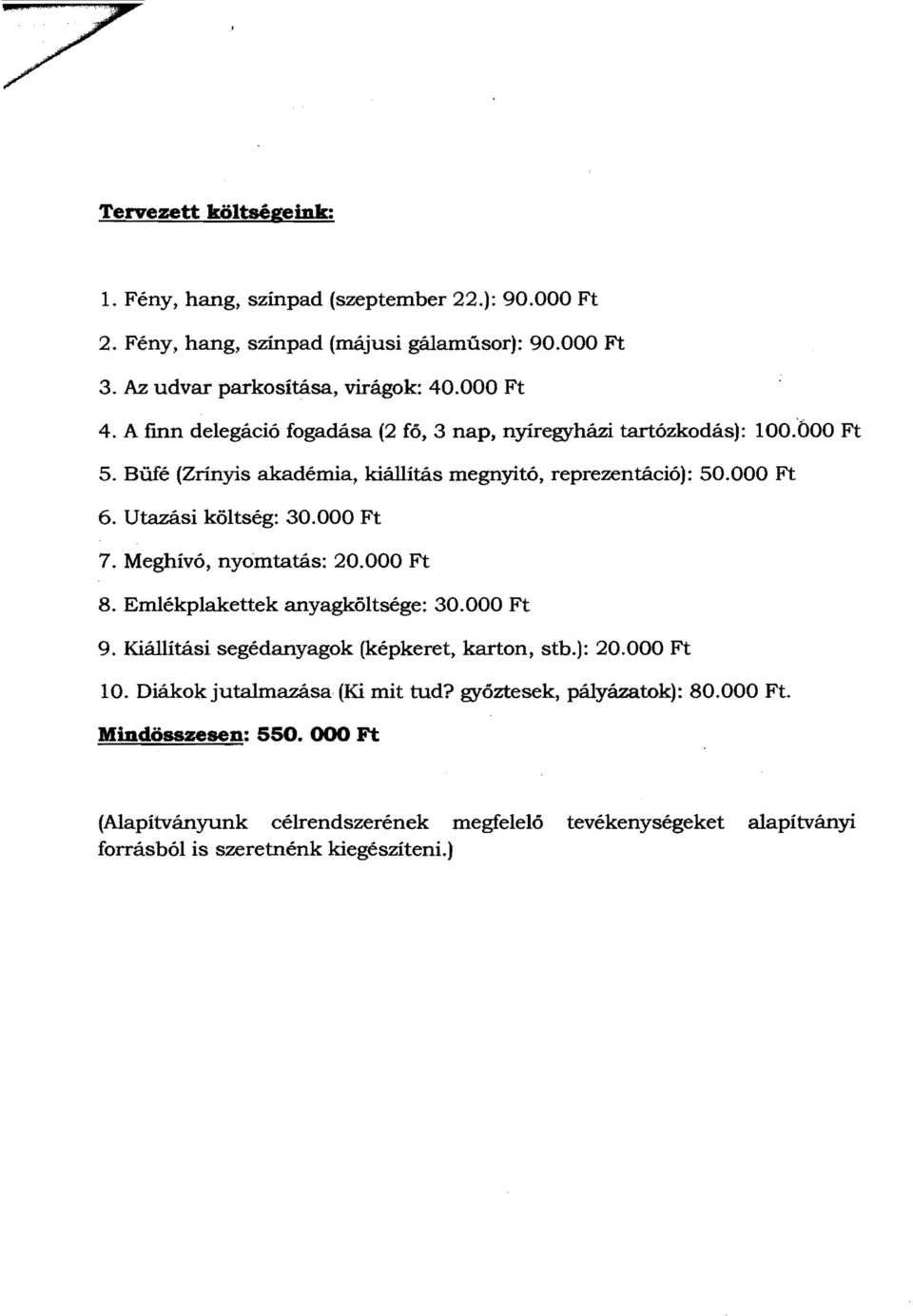 000 Ft 7. Meghívó, nyomtatás: 20.000 Ft 8. Emlékplakettek anyagköltsége: 30.000 Ft 9. Kiállítási segédanyagok (képkeret, karton, stb.): 20.000 Ft 10.