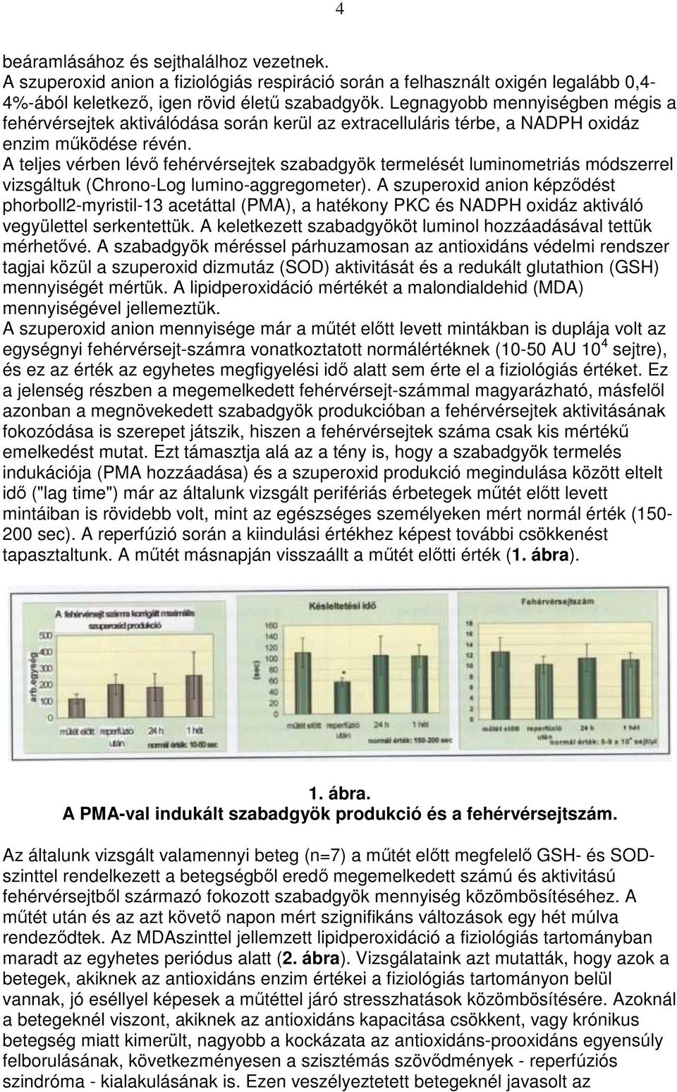 A teljes vérben lévı fehérvérsejtek szabadgyök termelését luminometriás módszerrel vizsgáltuk (Chrono-Log lumino-aggregometer).