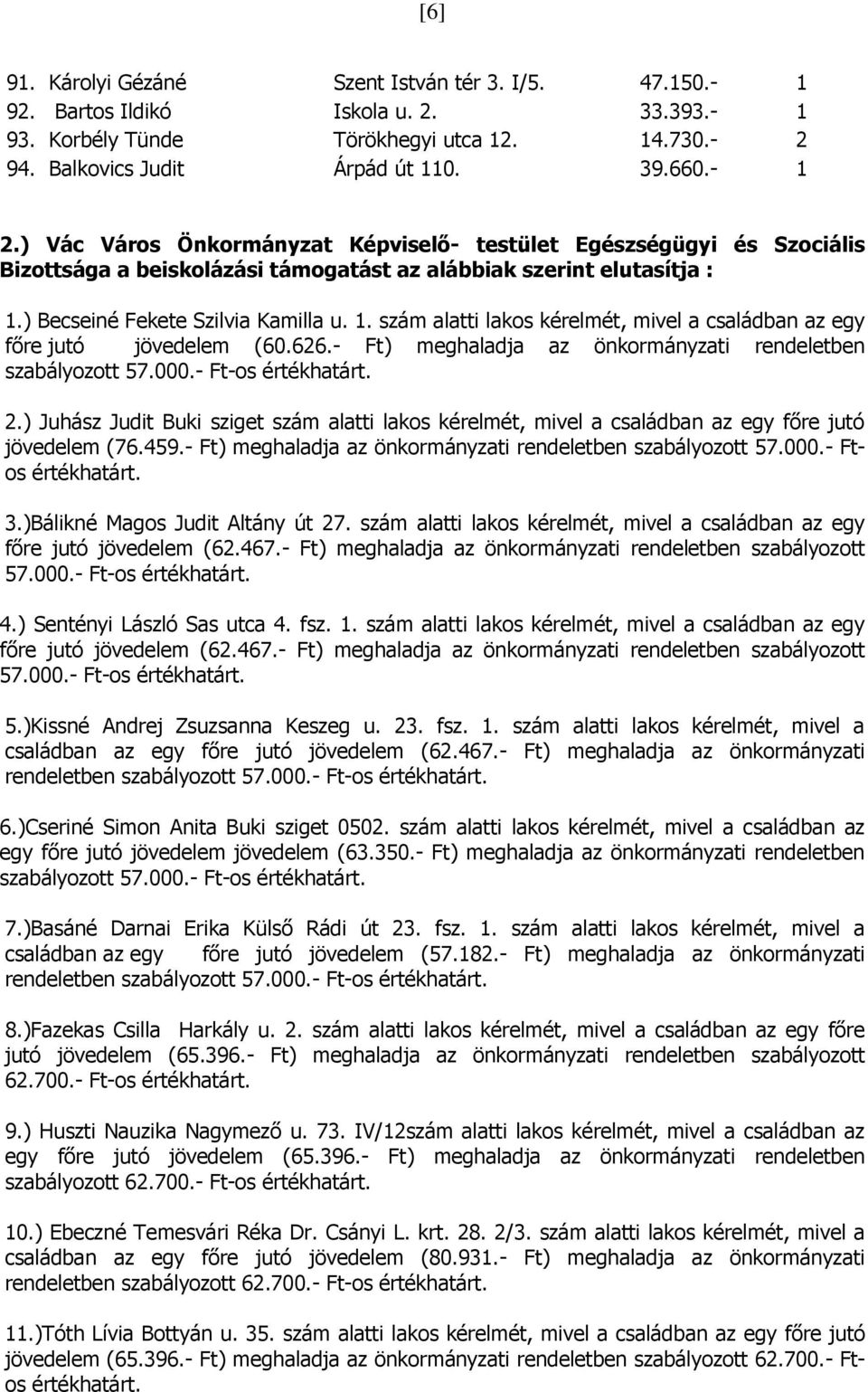) Becseiné Fekete Szilvia Kamilla u. 1. szám alatti lakos kérelmét, mivel a családban az egy főre jutó jövedelem (60.626.- Ft) meghaladja az önkormányzati rendeletben szabályozott 57.000.