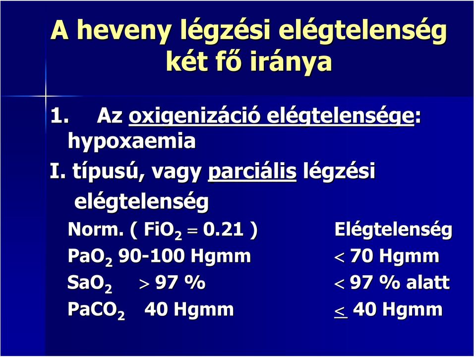 típusú, vagy parciális légzési elégtelenség Norm.. ( FiO 2 = 0.