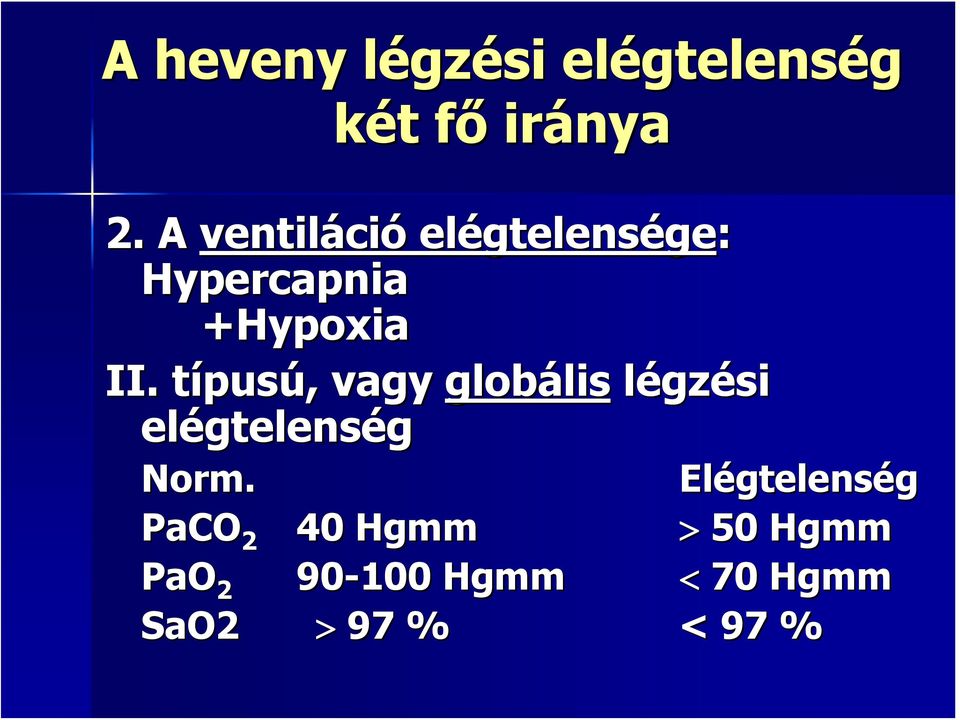 típusú, vagy globális légzési elégtelenség Norm.