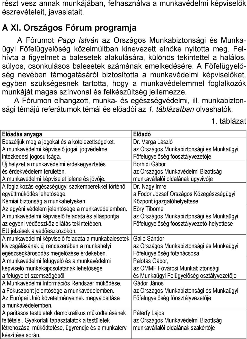 Felhívta a figyelmet a balesetek alakulására, különös tekintettel a halálos, súlyos, csonkulásos balesetek számának emelkedésére.