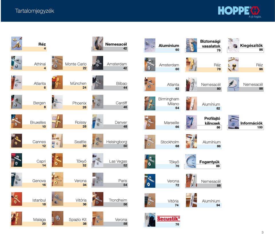 Malaga 20 Cannes 12 Tartalomjegyzék 3 Fogantyúk 88 Nemesacél 88 Réz 78 Nemesacél 80 Információk 100 Alumínium 86 Atlanta 62 Amsterdam 60 Alumínium 60