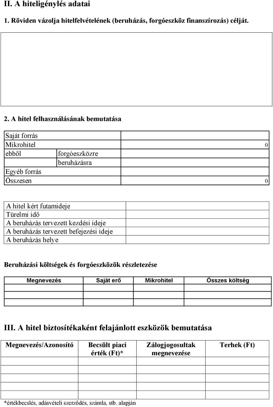 tervezett kezdési ideje A beruházás tervezett befejezési ideje A beruházás helye Beruházási költségek és forgóeszközök részletezése Megnevezés Saját erő Mikrohitel