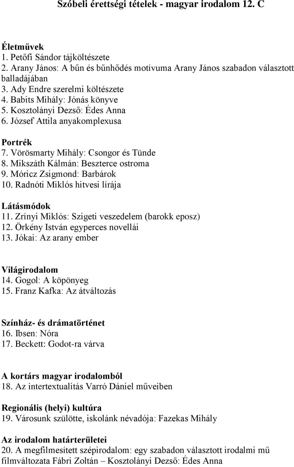 Mikszáth Kálmán: Beszterce ostroma 9. Móricz Zsigmond: Barbárok 10. Radnóti Miklós hitvesi lírája Látásmódok 11. Zrínyi Miklós: Szigeti veszedelem (barokk eposz) 12.