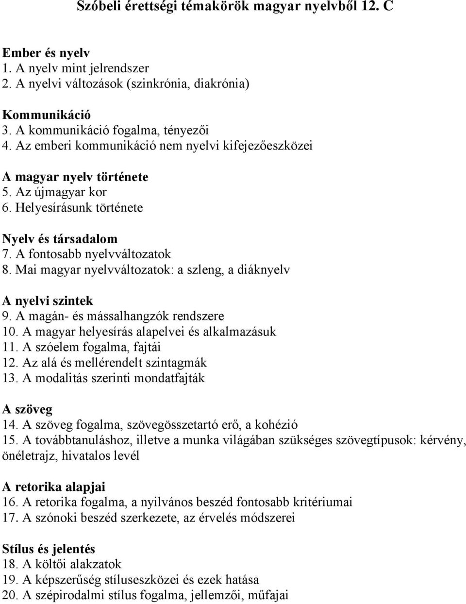 Mai magyar nyelvváltozatok: a szleng, a diáknyelv A nyelvi szintek 9. A magán- és mássalhangzók rendszere 10. A magyar helyesírás alapelvei és alkalmazásuk 11. A szóelem fogalma, fajtái 12.