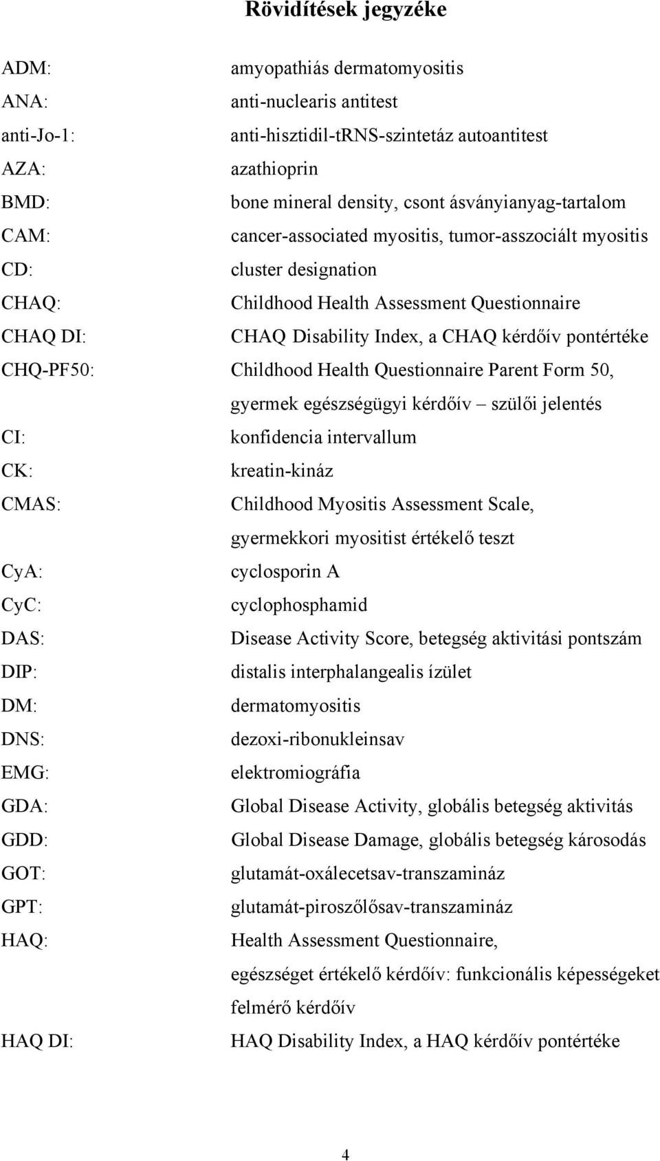 pontértéke CHQ-PF50: Childhood Health Questionnaire Parent Form 50, gyermek egészségügyi kérdőív szülői jelentés CI: konfidencia intervallum CK: kreatin-kináz CMAS: Childhood Myositis Assessment