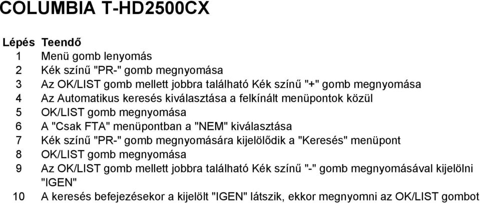 7 Kék színű "PR-" gomb megnyomására kijelölődik a "Keresés" menüpont 8 OK/LIST gomb megnyomása 9 Az OK/LIST gomb mellett jobbra