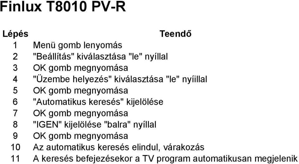 OK gomb megnyomása 8 "IGEN" kijelölése "balra" nyíllal 9 OK gomb megnyomása 10 Az