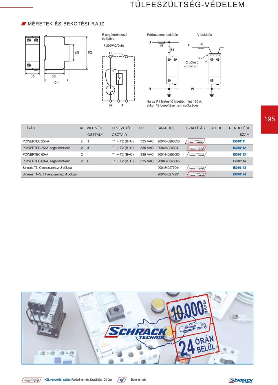 LEVEZETŐ UC EAN-CODE SZÁLLÍTÁS STORE RENDELÉSI OSZTÁLY OSZTÁLY SZÁM POWERTEC 25 ka 2 II T1 + T2 (B+C) 335 VAC 9004840268058 IS010111 POWERTEC 25kA+segédérintkező 2 II