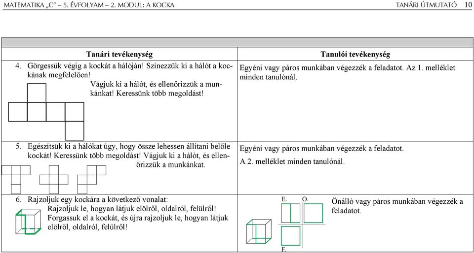 Egészítsük ki a hálókat úgy, hogy össze lehessen állítani belőle kockát! Keressünk több megoldást! Vágjuk ki a hálót, és ellenőrizzük a munkánkat. Egyéni vagy páros munkában végezzék a feladatot. A 2.