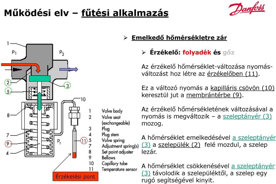 Az érzékelő hőmérsékletének változásával a nyomás is megváltozik a szeleptányér (3) mozog.