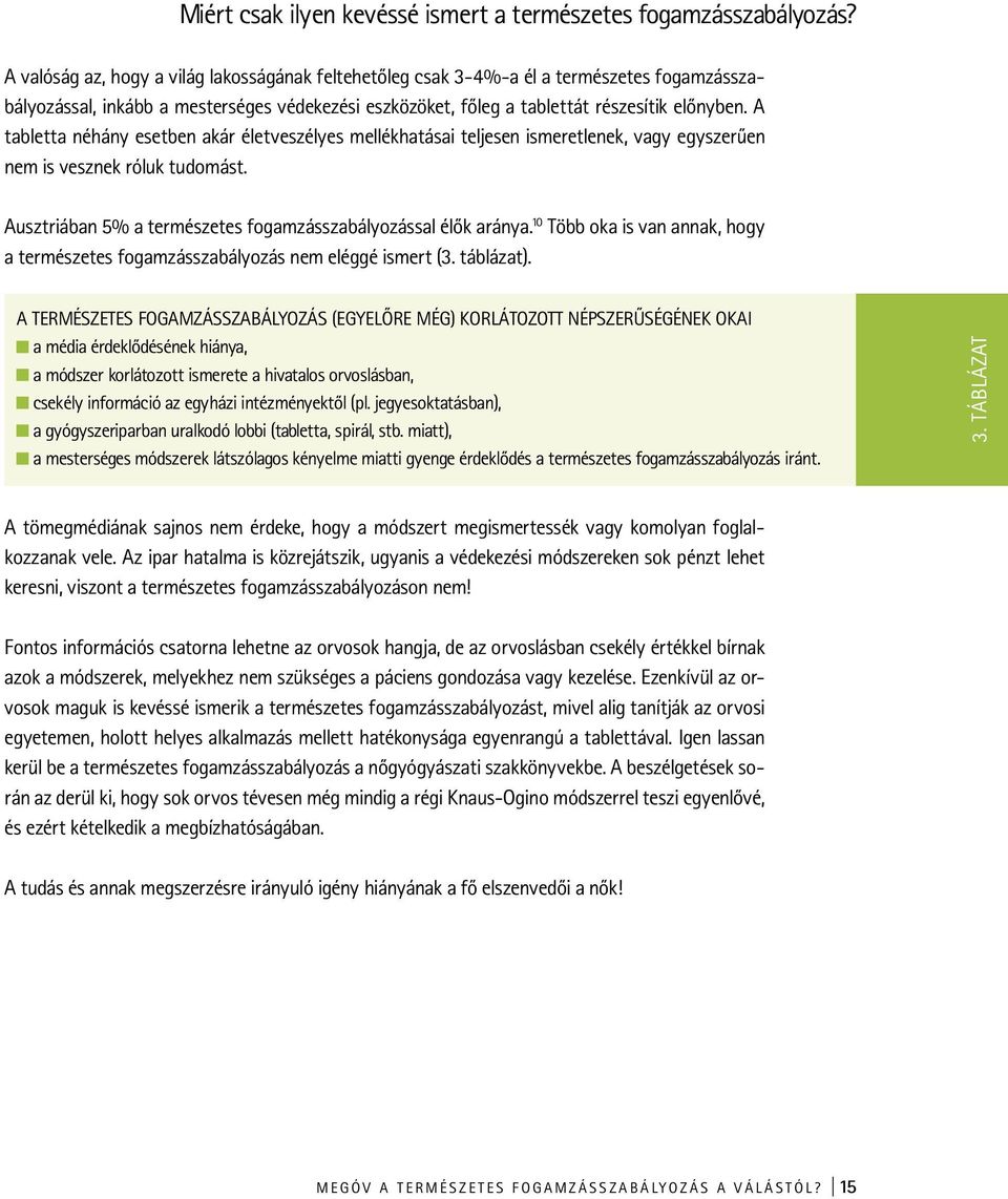 A tabletta néhány esetben akár életveszélyes mellékhatásai teljesen ismeretlenek, vagy egyszerűen nem is vesznek róluk tudomást. Ausztriában 5% a természetes fogamzásszabályozással élők aránya.