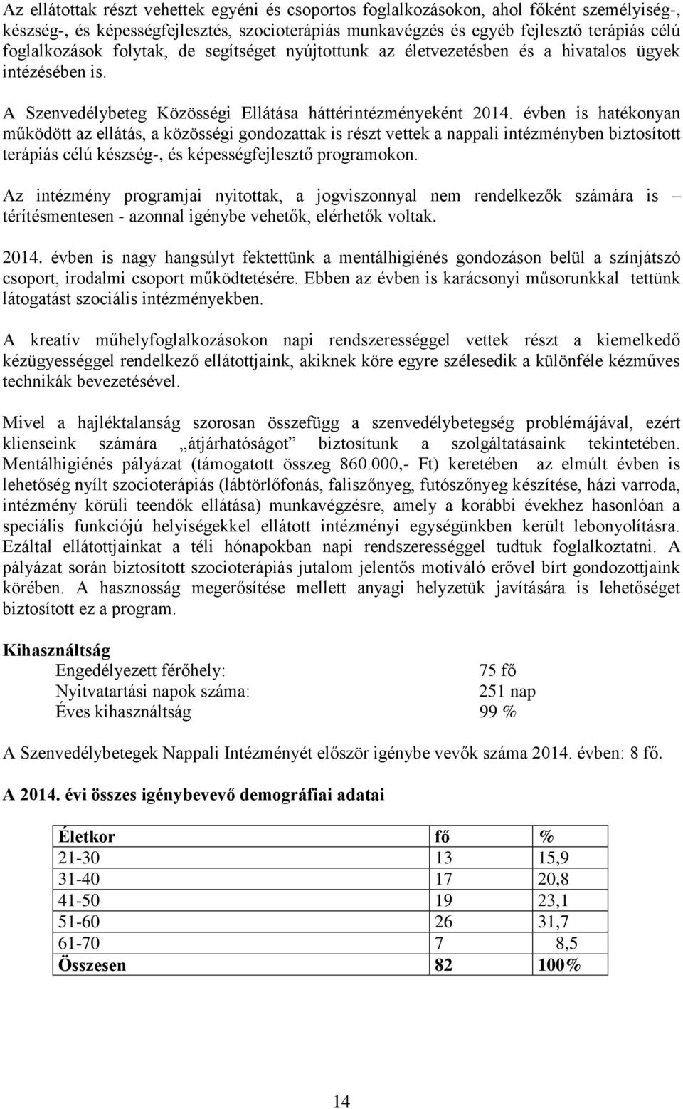 évben is hatékonyan működött az ellátás, a közösségi gondozattak is részt vettek a nappali intézményben biztosított terápiás célú készség-, és képességfejlesztő programokon.