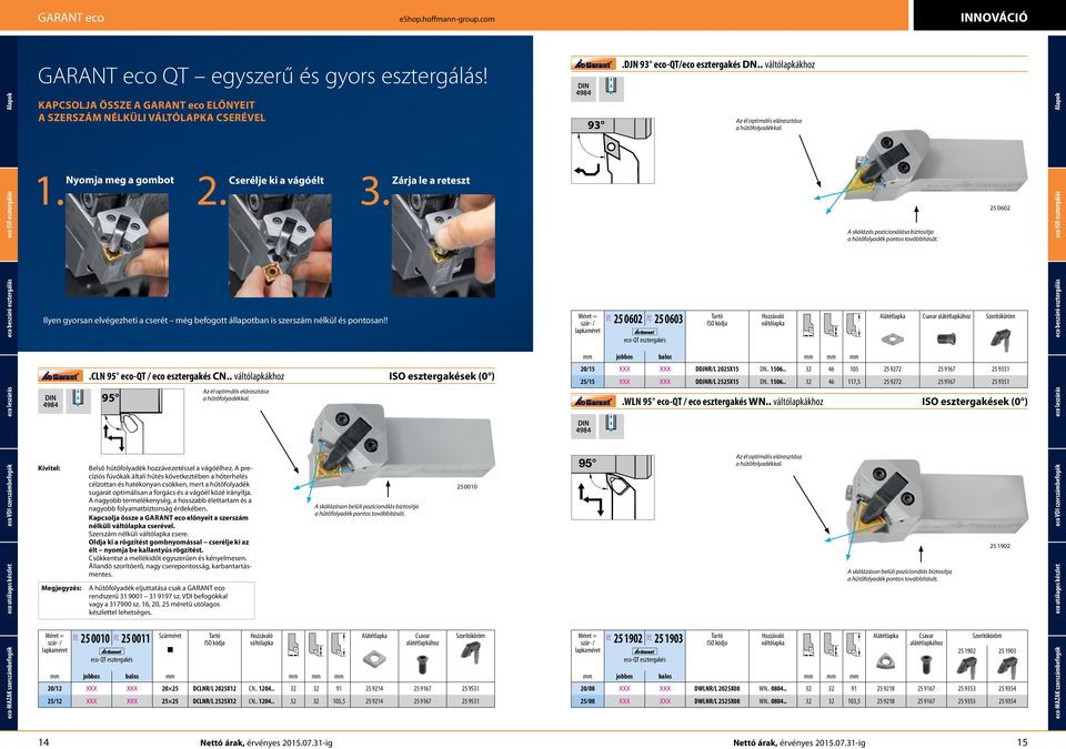 ! 25 0602 eco-qt esztergakés 25 0603 Csavar alátétlapkához Szorítóköröm.CLN 95 eco-qt / eco esztergakés CN.