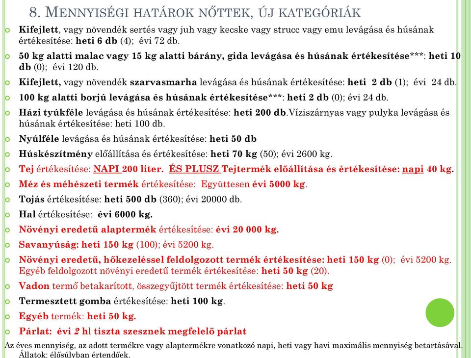 Kifejlett, vagy növendék szarvasmarha levágása és húsának értékesítése: heti 2 db (1); évi 24 db. 100 kg alatti borjú levágása és húsának értékesítése***: heti 2 db (0); évi 24 db.