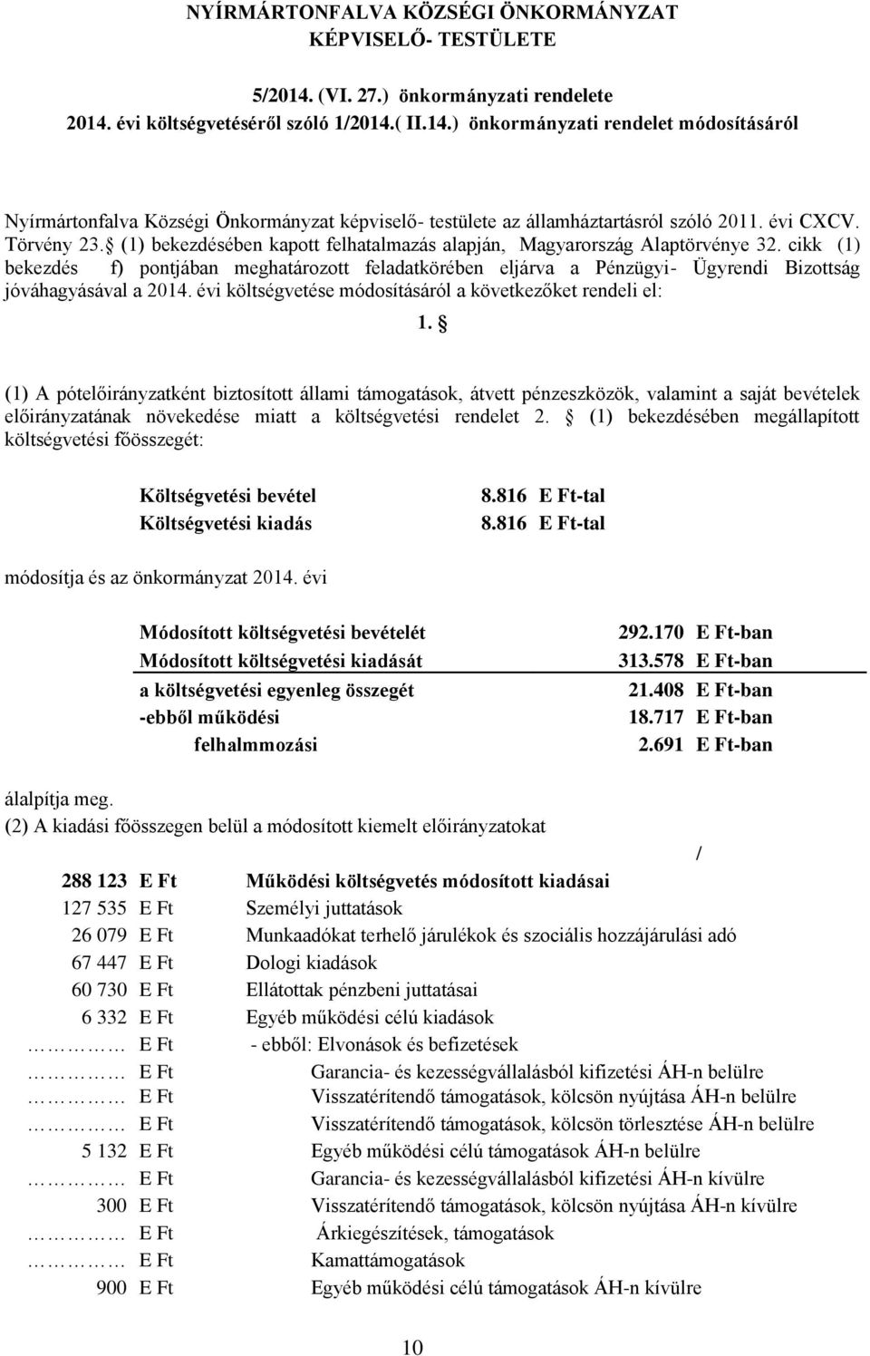 cikk (1) bekezdés f) pontjában meghatározott feladatkörében eljárva a Pénzügyi- Ügyrendi Bizottság jóváhagyásával a 2014. évi költségvetése módosításáról a következőket rendeli el: 1.