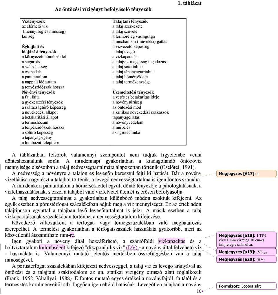 tenyészidőszak hossza Növényi tényezők a faj, fajta a gyökerezési tényezők a szárazságtűrő képesség a növekedési állapot a betakarítási állapot a terméshozam a tenyészidőszak hossza a sótűrő képesség