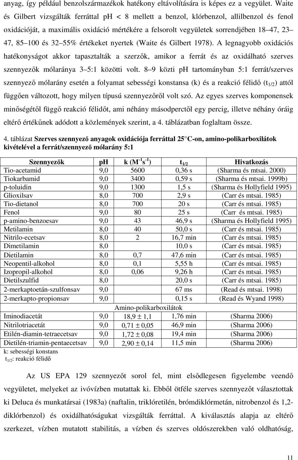 32 55% értékeket nyertek (Waite és Gilbert 1978). A legnagyobb oxidációs hatékonyságot akkor tapasztalták a szerzők, amikor a ferrát és az oxidálható szerves szennyezők mólaránya 3 5:1 közötti volt.